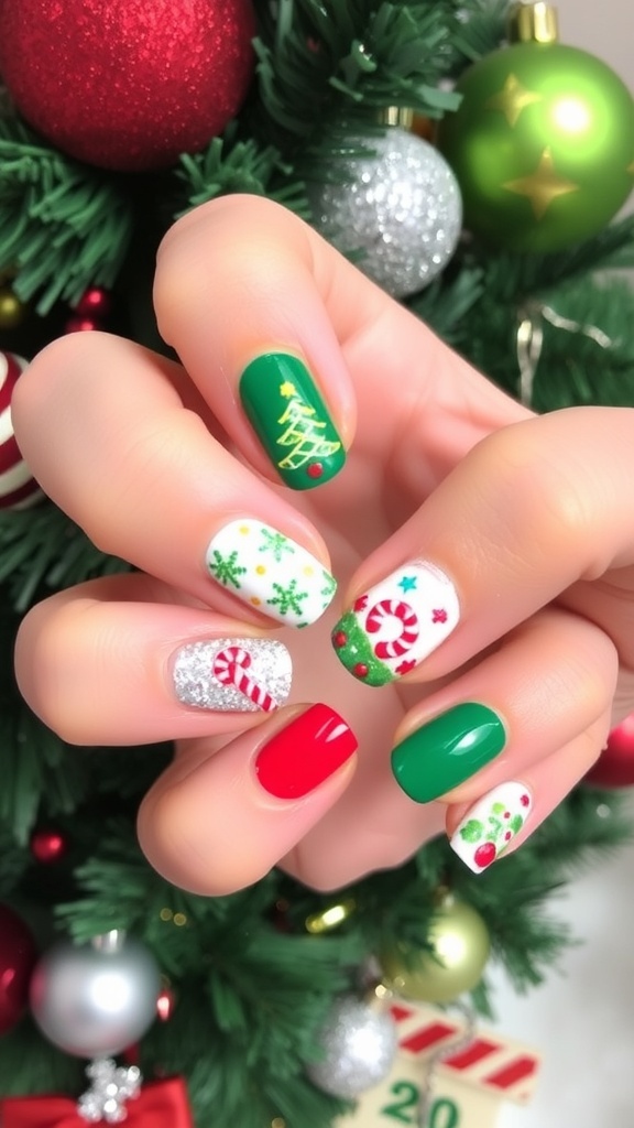 Christmas nail art designs with red, green, and glittery patterns including snowflakes and Christmas trees.
